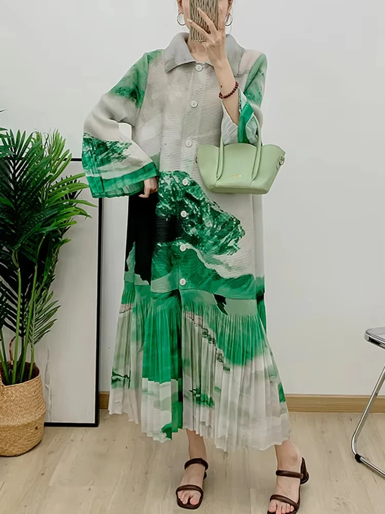 ANLAN винтажное плиссированное платье с принтом для женщин однобортное длинное