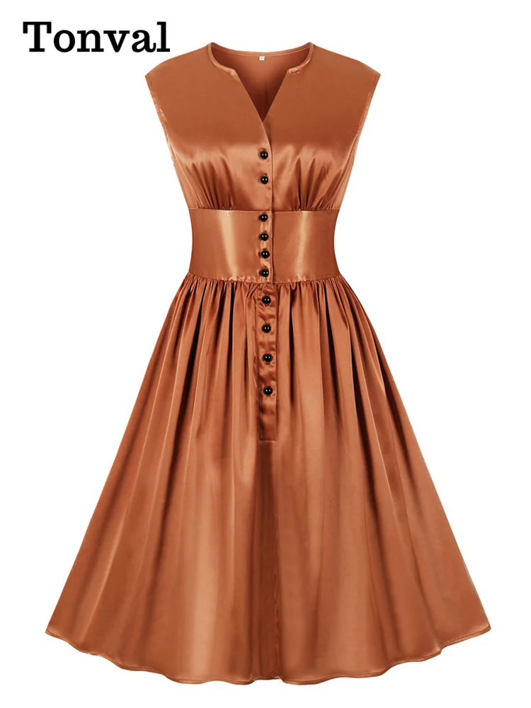 

Tonval V-Neck Single Breasted High Waist Sleeveless Vintage Pleated Dress Summer 2022 Women Knee Length Party Dresses
