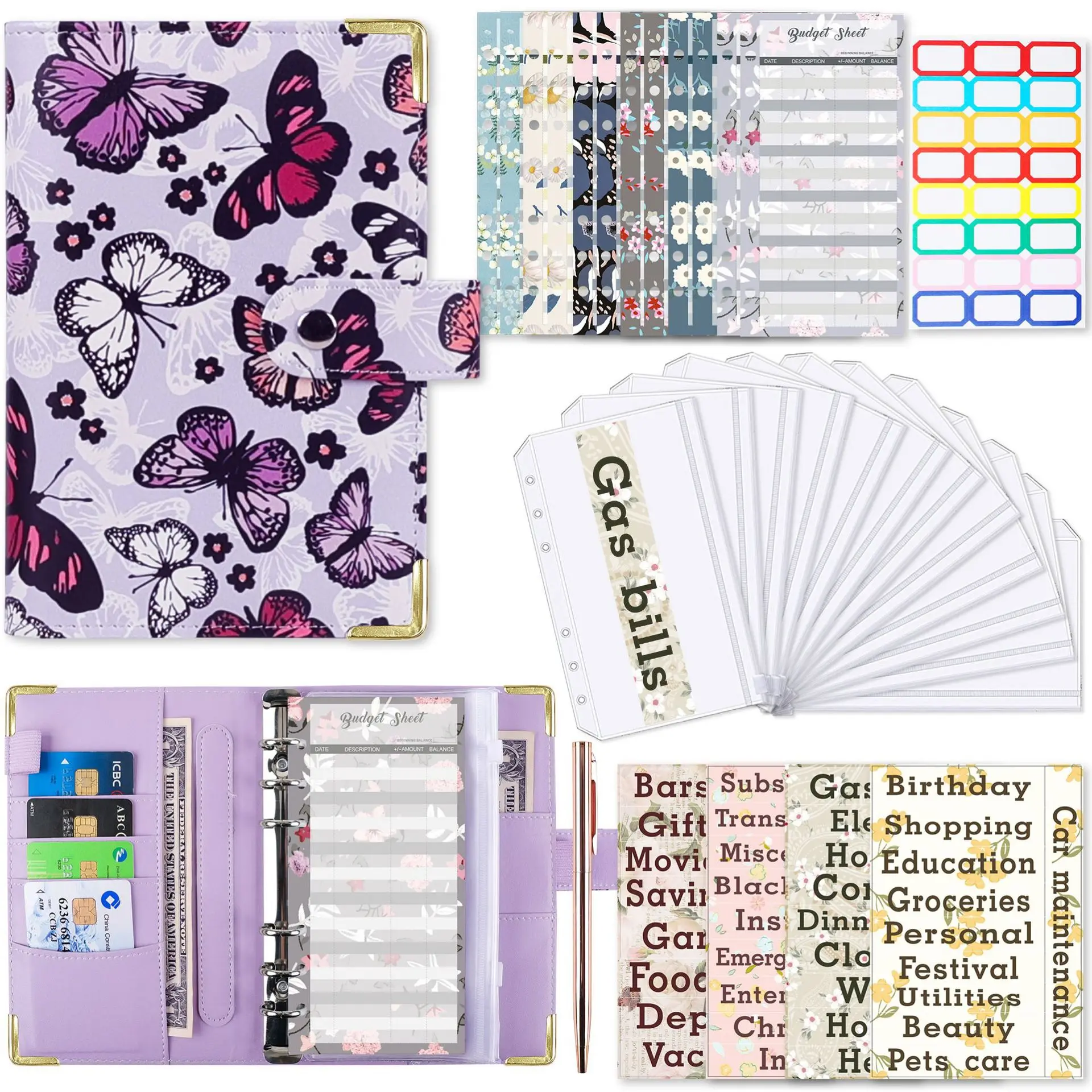 A6 Butterfly Embossing Planner Binder Inner Page Zipper Envelopes Cash Envelopes Budgeting Money Organizer for Cash BudgetBinder