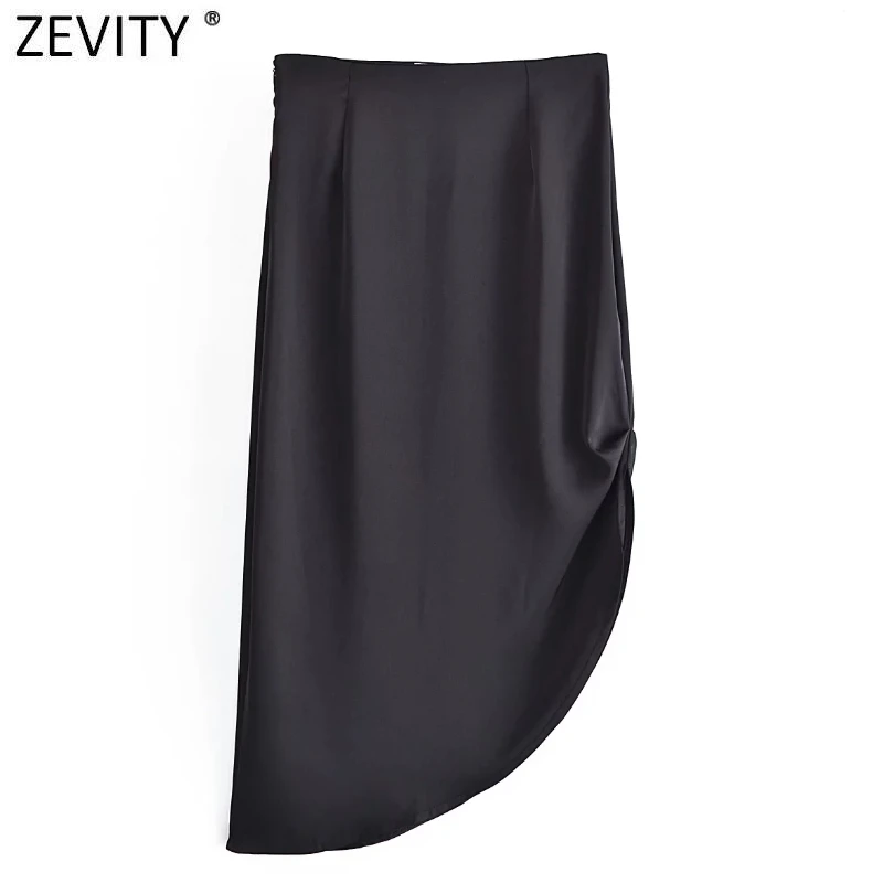 

Zevity Women Fashion Hem Irregular Asymmetrical Midi Skirt Faldas Mujer Lady Chic Side Pleats Zipper Satin Slim Vestidos QUN958