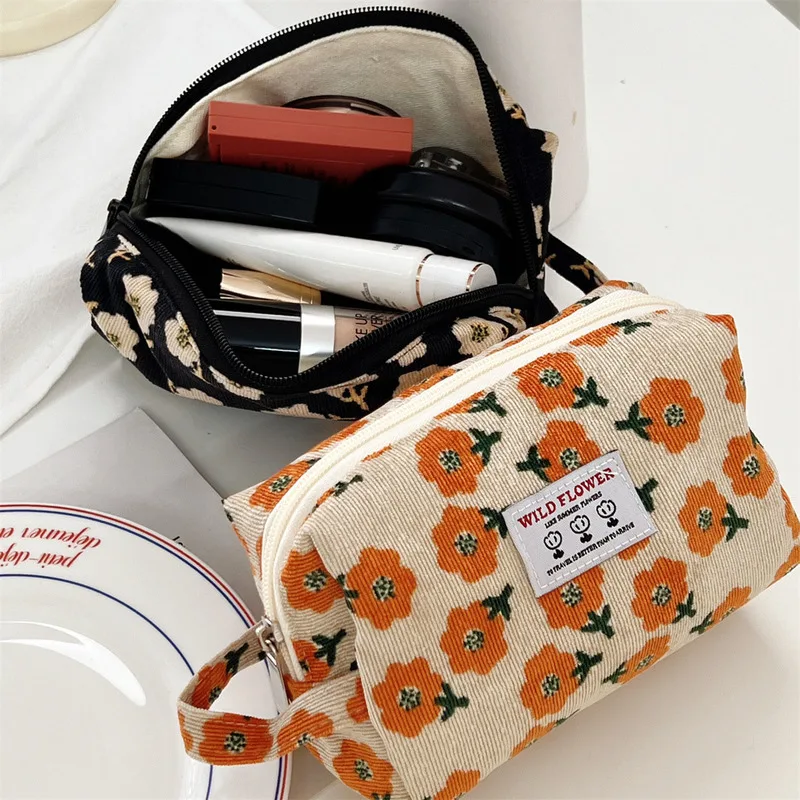 

Women Corduroy Plaid Flowers Cosmetic Lipsticks Bag Korean Student Pencil Case Travel Makeup Brushes Bag Organizer Bags ladies