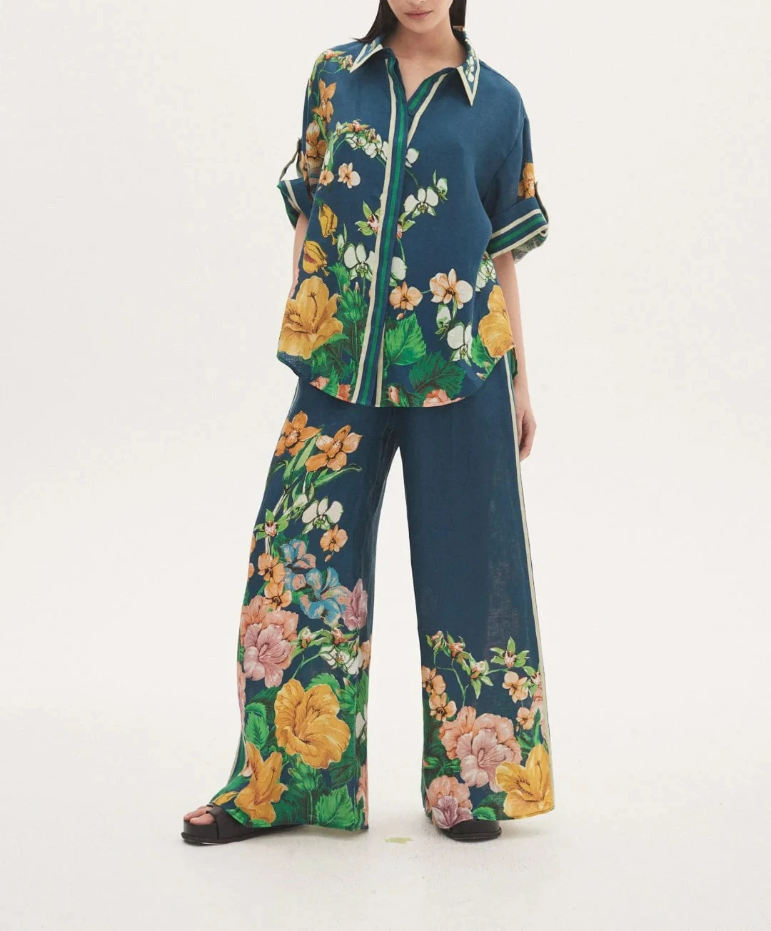 

Top Quality New Spring Summer 2023 Vintage Style Linen Flowers Printed Short Sleeve Blouse and Pants Women Set Loose Fit