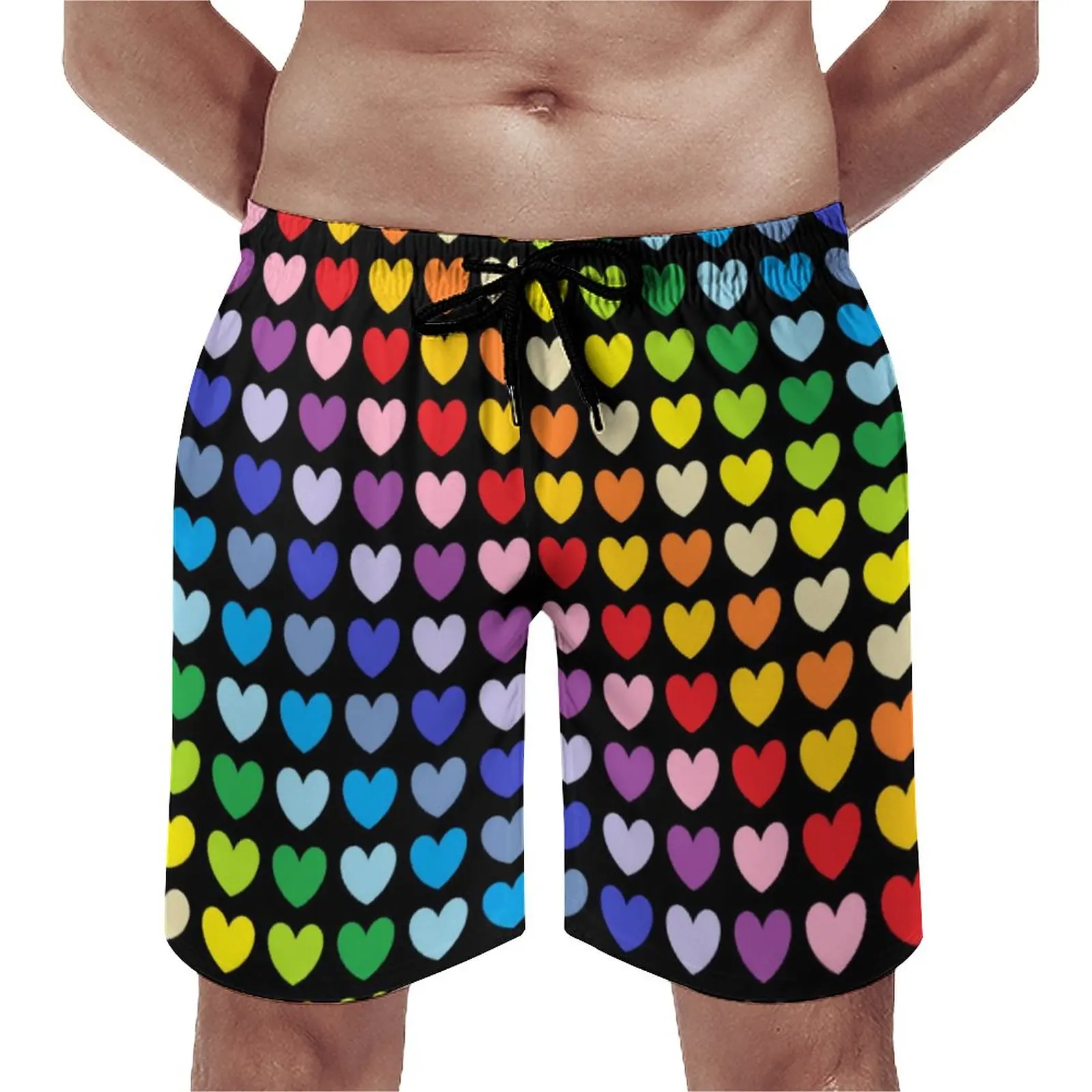 

Rainbow Heart Board Shorts Summer Colorful Hearts Print Running Surf Board Short Pants Quick Drying Funny Plus Size Swim Trunks