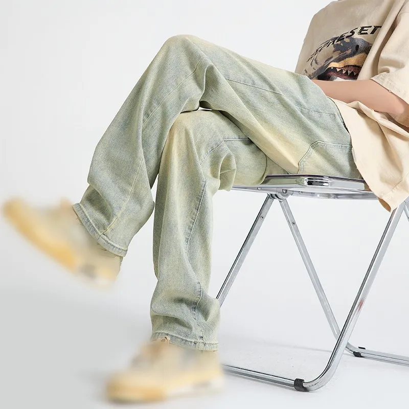 Yellow Mud Color Jeans Men's Straight Pants American High Street Washed Pant Baggy Trunks Korean Oversize Male Trouses
