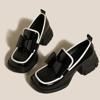 Lucyever Square Toe Chunky Loafers Women 2022 Autumn Patent Leather Platform Heels Shoes Woman Slip on Bowknot Pumps Female