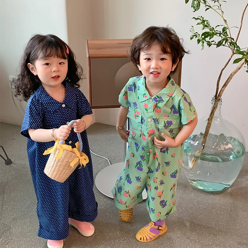 

Summer Kids Cotton Printed Oversized Short Sleeve Bodysuits Unisex Boys and Girls Loose Playsuits