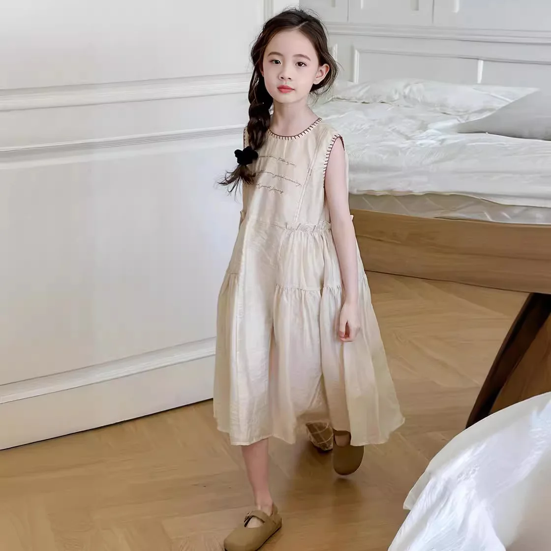 Юбки для девочек Новинка лета 2024 детская одежда хлопковое платье без рукавов