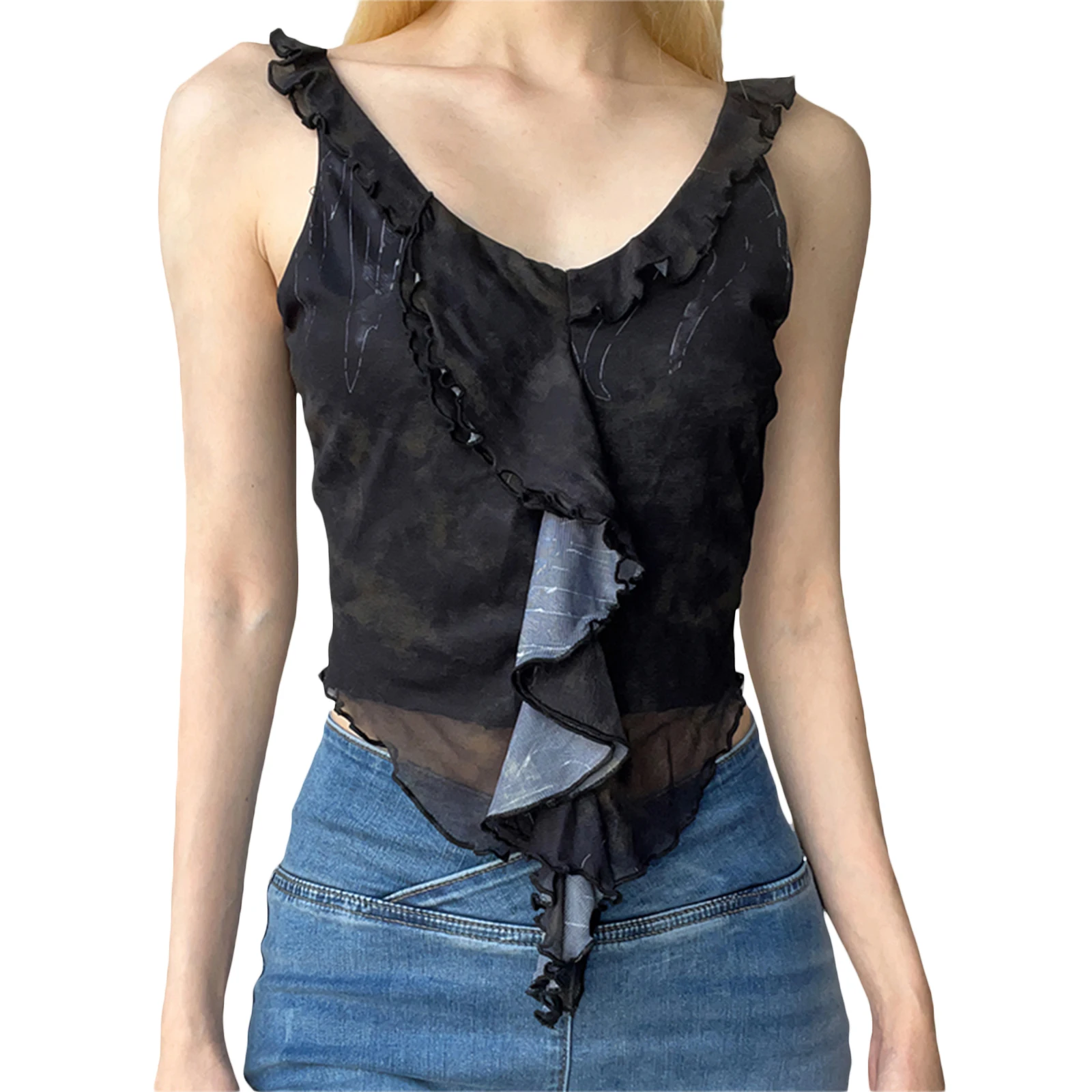 

Summer Women Fashion Tank Tops V-Neck Printed Ruffles Sleeveless Vests Slim Fit T-Shirts Streetwear