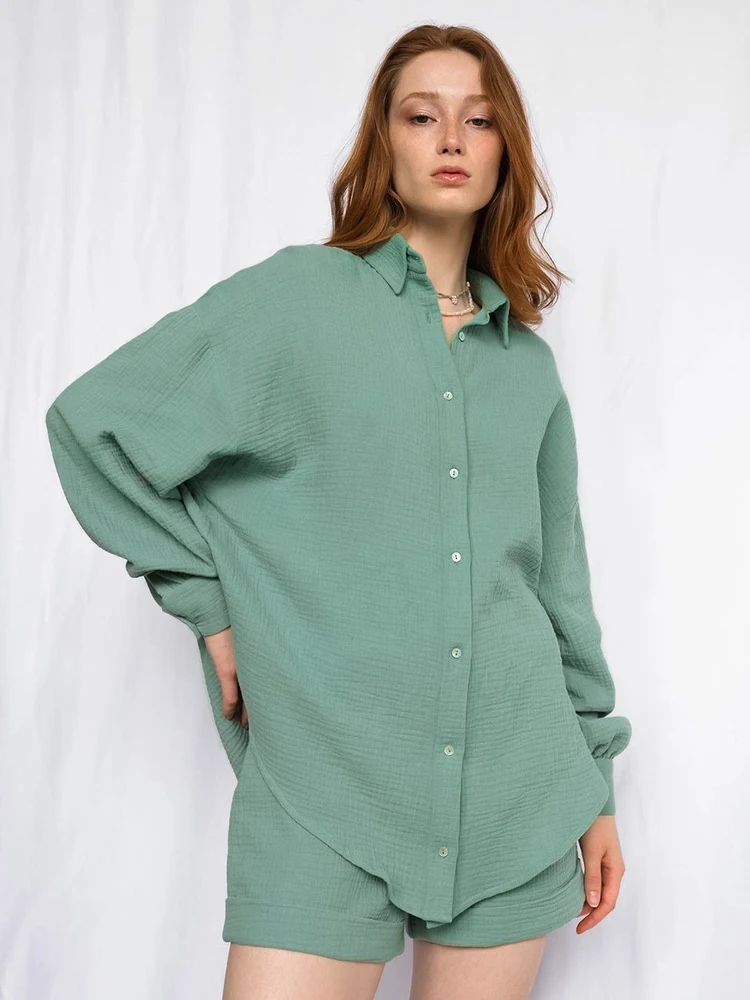 

Linad Cotton Women's Nightwear Green Long Sleeve Sleepwear Loose 2 Piece Sets Casual Suits With Shorts Autumn Female Pajamas