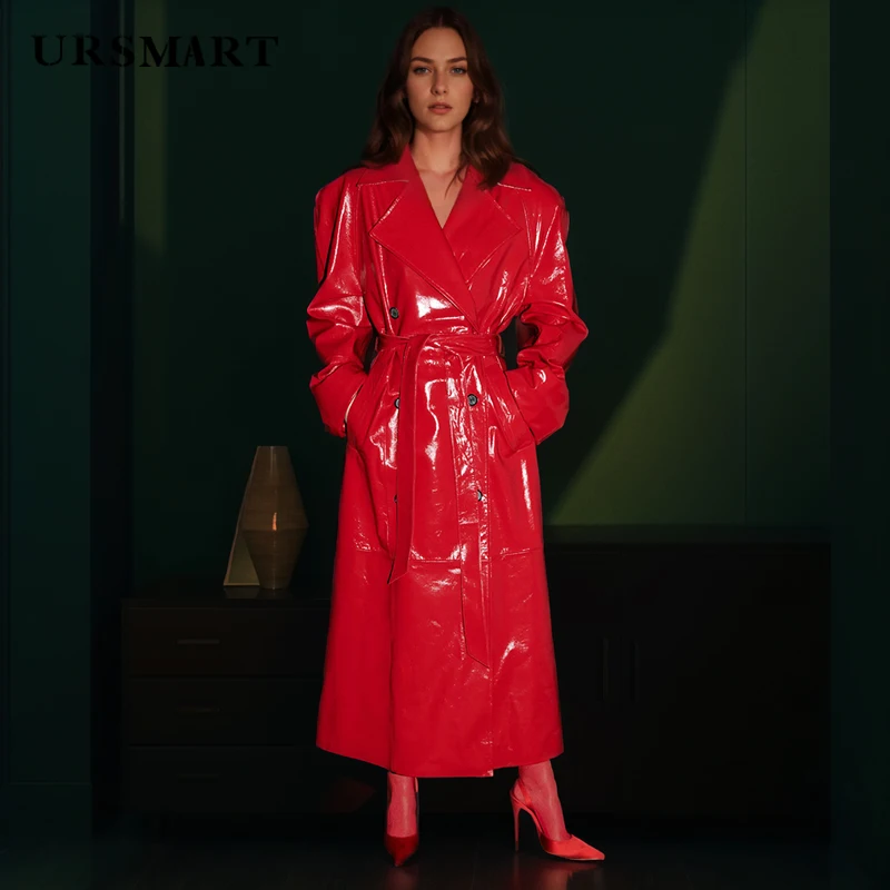 Модная красная ветровка из овчины длиной до колена двубортное стильное женское