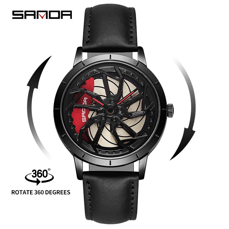 

SANDA P1086 Men Wheel Quartz WristWatch Waterproof Sport leather Strap Watch Custom Car Rim Hub Casual Watches Relogio Masculino