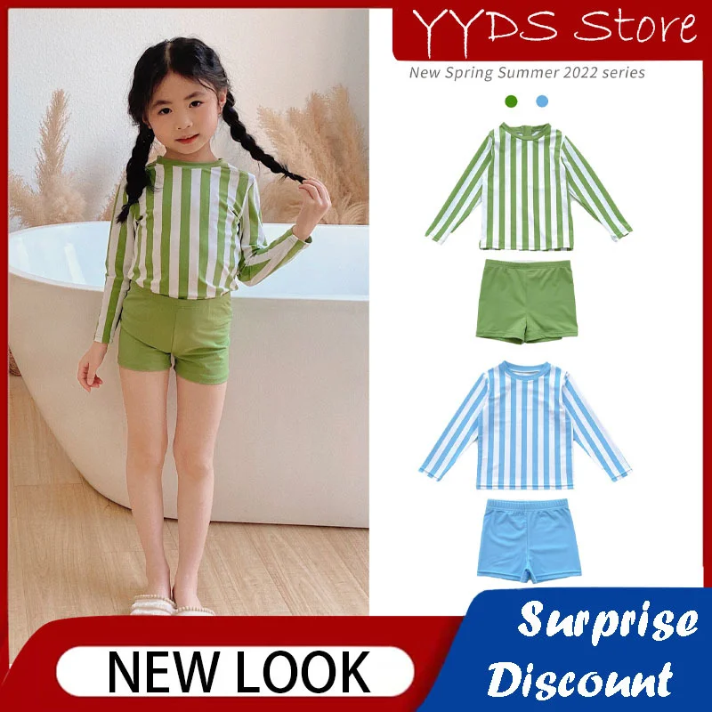 

Children's Swimwear Girl Quick-drying Beach Long-sleeved Swimsuit Split Striped Swimwear Three-piece Fashion Hot Spring Swimsuit