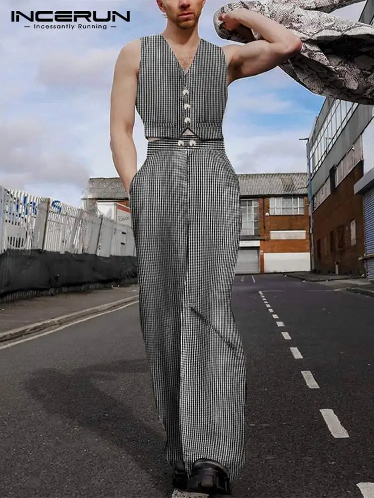 

INCERUN Men Plaid Sets Streetwear 2022 Fashion V Neck Sleeveless Vests & Wide Leg Pants 2PCS Loose Men Casual Suits Plus Size