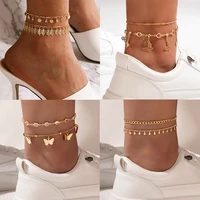 huatang new hollow leaf tassel crystal anklet for women girls gold color sequins fashion jewelry summer accessories 18047