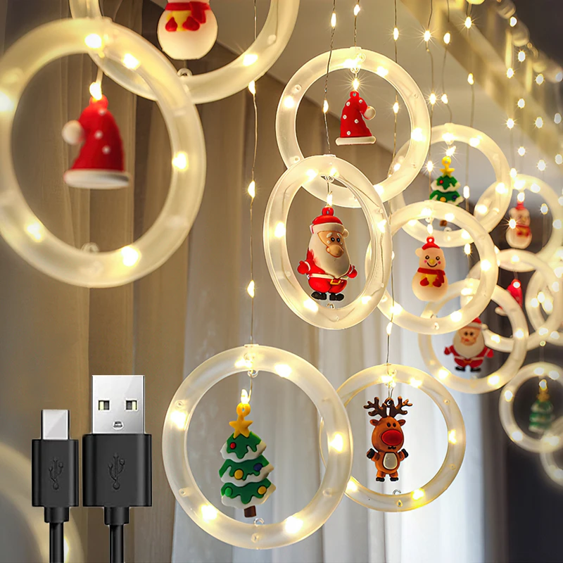 

USB LED Curtain String Lights Christmas Decoration Garland Room New Year Holiday Ring Lights For Bedroom Living Room