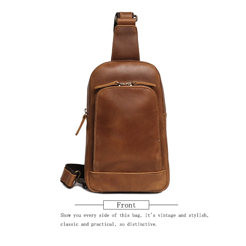 Vintage Men's Sling Bag Crazy Horse Leather Chest Pack Casual Crossbody shoulder bag 30012