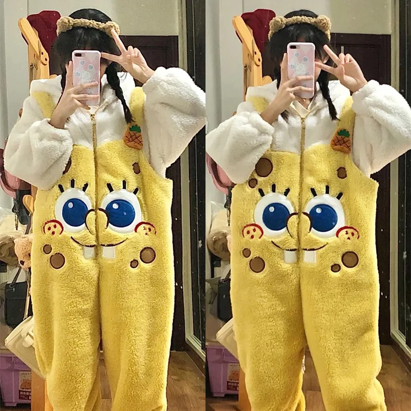 

Kawaii Cute Spongebob Squarepants Siamese Pajamas Flannel Home Service Thicken Coral Fleece Keep Warm Comfortable Christmas Gift