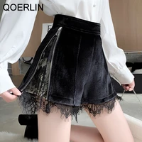 qoerlin women velvet black lace shorts fall winten 2022 new high waise sexy side zipper fly shorts boots hot shorts