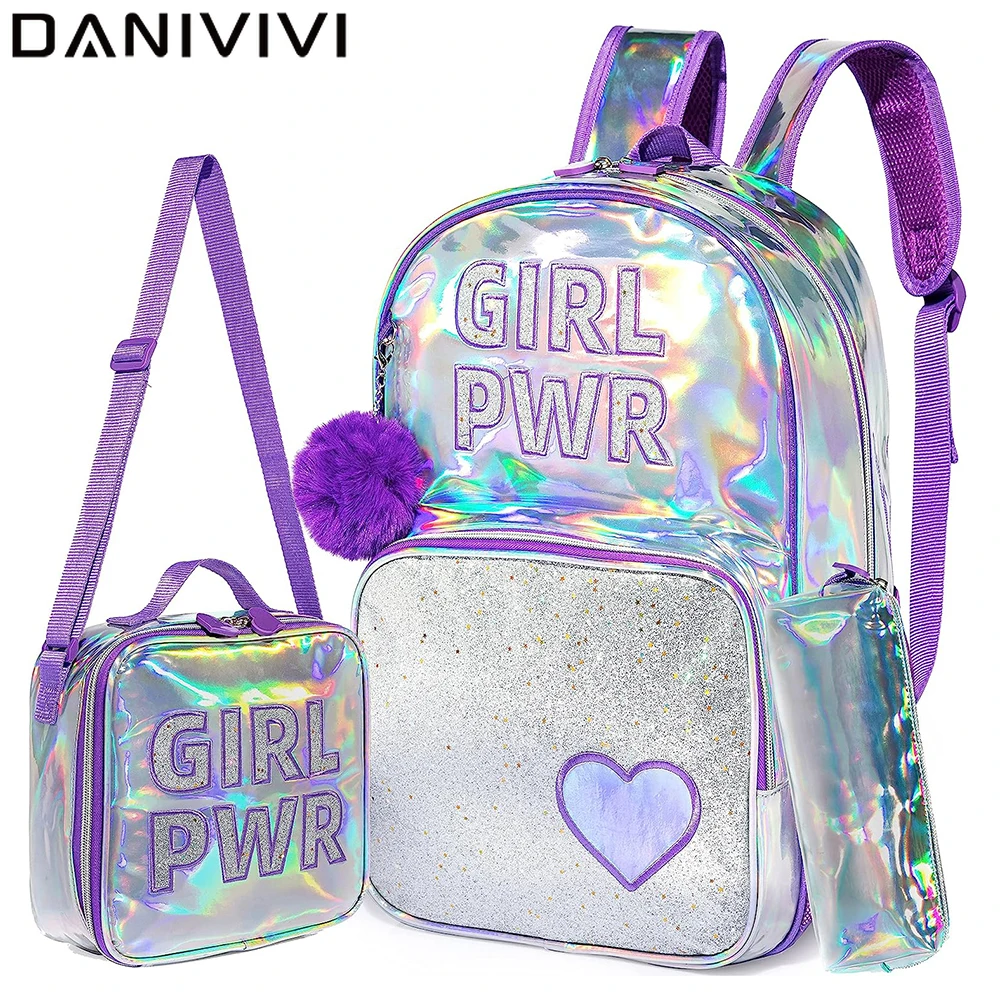New School Backpack Girls 16 Inch Girls Backpack Sequin Backpack with Lunch Box Backpack Women Girls School Supplies Set Bags