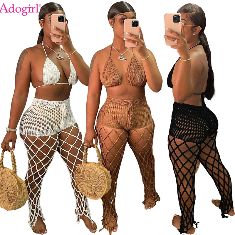 

Комплект из двух предметов Adogirl ручной вязки, летние пляжные наряды, женская сексуальная юбка, ажурные Брюки с кисточками, костюм для отпуска
