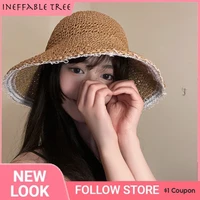 summer straw hat lace beach hats women korean foldable travel wide brim sun hat elegant lolita bucket hat holiday uv protection
