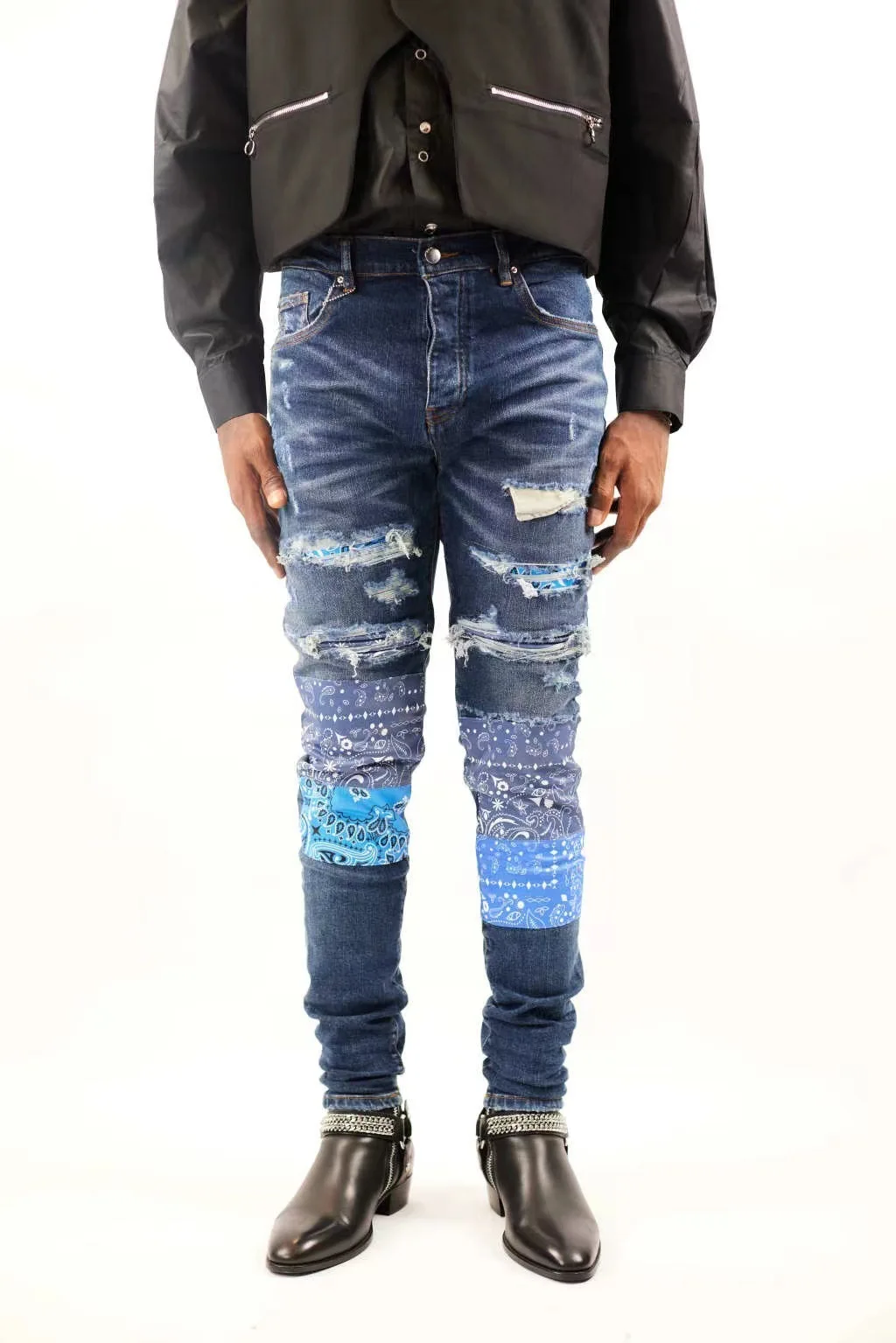 New 2022 Fashion Male Casual Blue Men's Jeans Patch Beggar Pants High Street Youth Stretch Slim Hole Patch Denim Pants Trousers