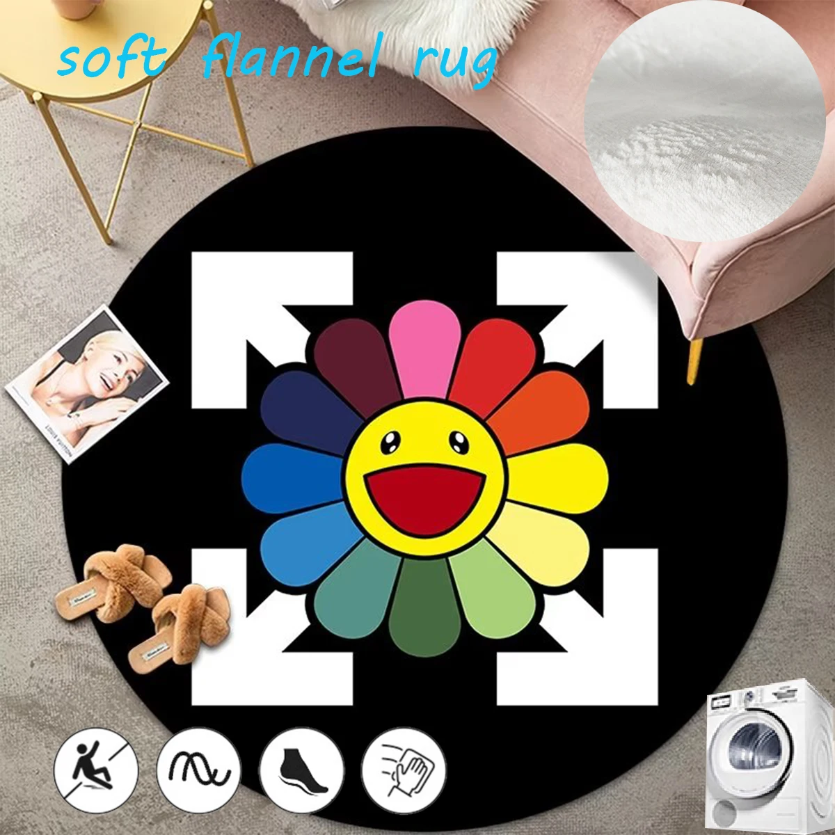 

Round Flannel Rugs for Bedroom Decorative Covered with Large Area Cloakroom Carpet Non-slip Bedside Rug Cute Cartoon Lounge Mat