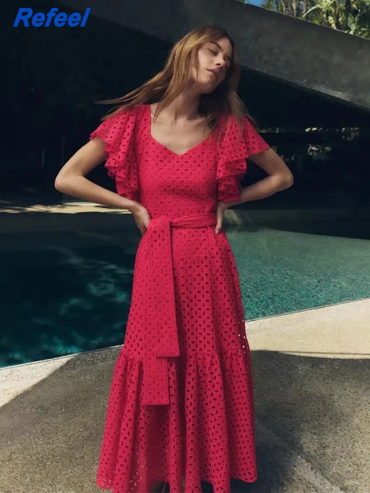 

Летние длинные женские платья с вышивкой, фуксия, с поясом, с открытой спиной, с коротким рукавом, с оборками, красная фотография 22520