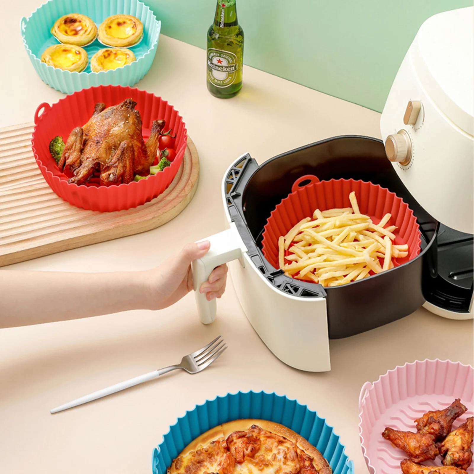 

7.5/8.5inch Air Fryer Silicone Pot Silicone Liner Heat Resistant Reusable Air Fryers Oven Accessories Tray Non Stick Air Fryers
