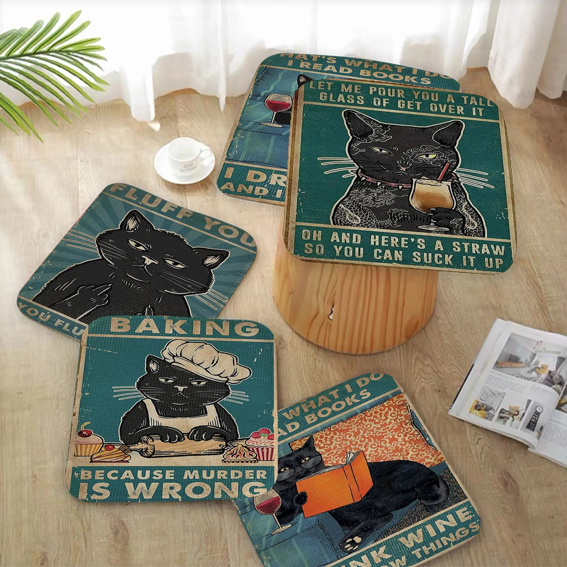 

Black Cat Four Seasons Meditation Cushion Stool Pad Dining Chair Tatami Seat Cushion Anti-Slip Sofa Decor Tatami