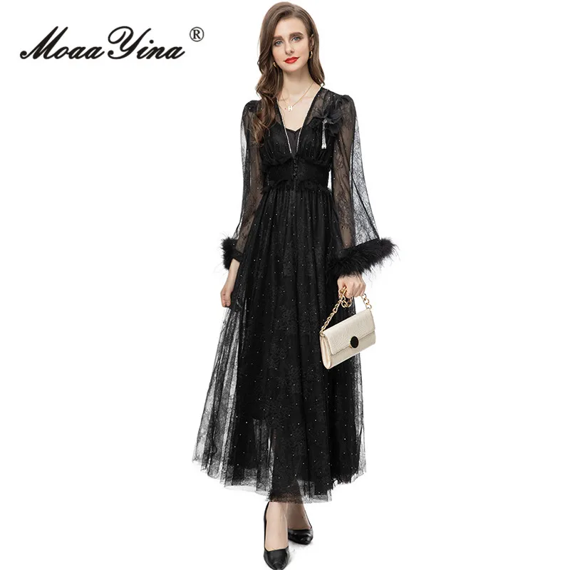 

MoaaYina, Осеннее модное Дизайнерское черное элегантное вечерние платье, женское платье с v-образным вырезом, алмазным бисером, аппликацией, сетчатыми оборками, тонкое длинное платье