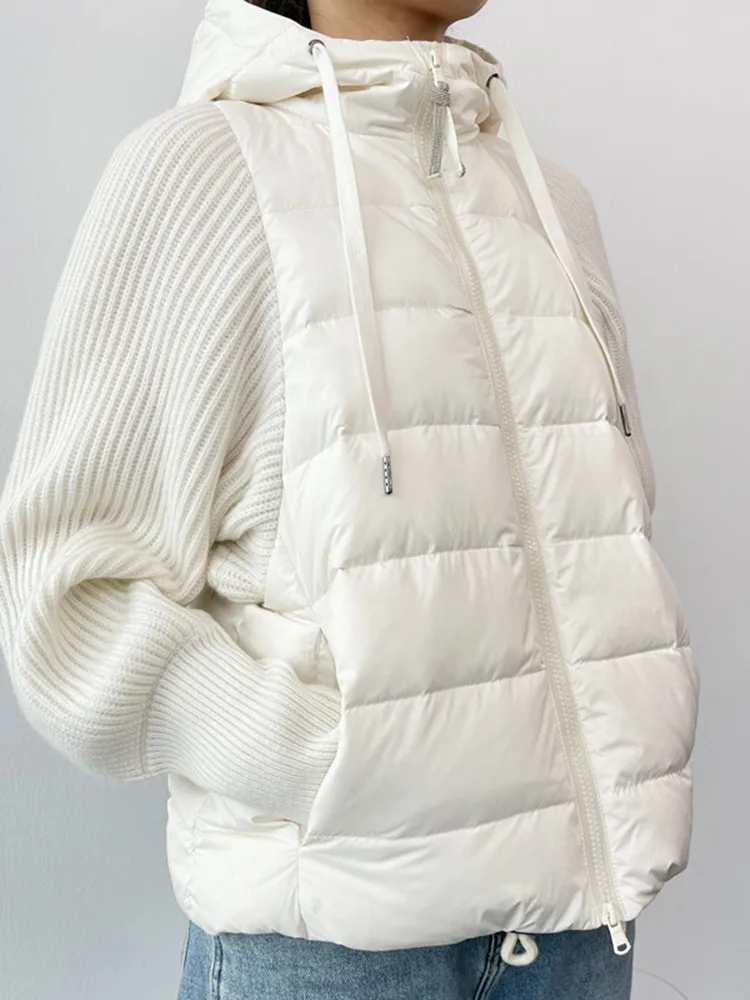 Women Knit Stitcing Hooded Down Coat Fashion 2022 Autumn Winter Female Long Sleeve Drawstring Zipper Jacket
