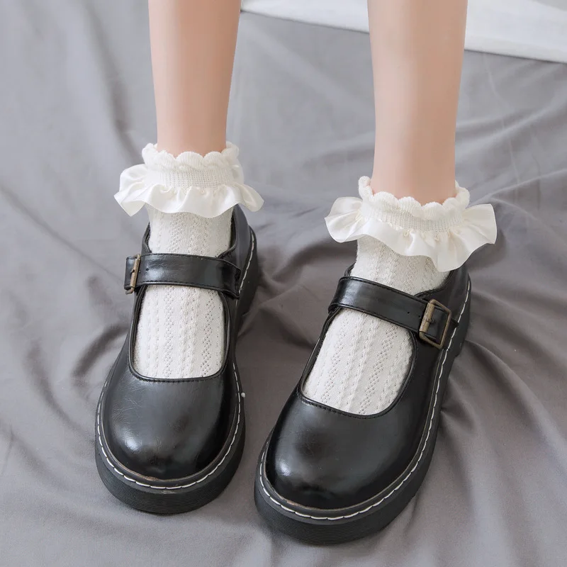 

Однотонные носки, стильные милые белые женские носки в стиле Харадзюку С Рюшами, милые сетчатые черные японские короткие кружевные носки в стиле "Лолита", кавайные