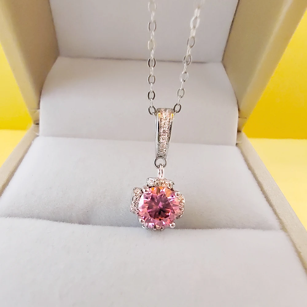 Luomansi Pink Moissanite Silver Necklace 1CT 6.5MM Blue Yellow Green Passed the Diamond Test S925 Women’s Jewelry Wedding