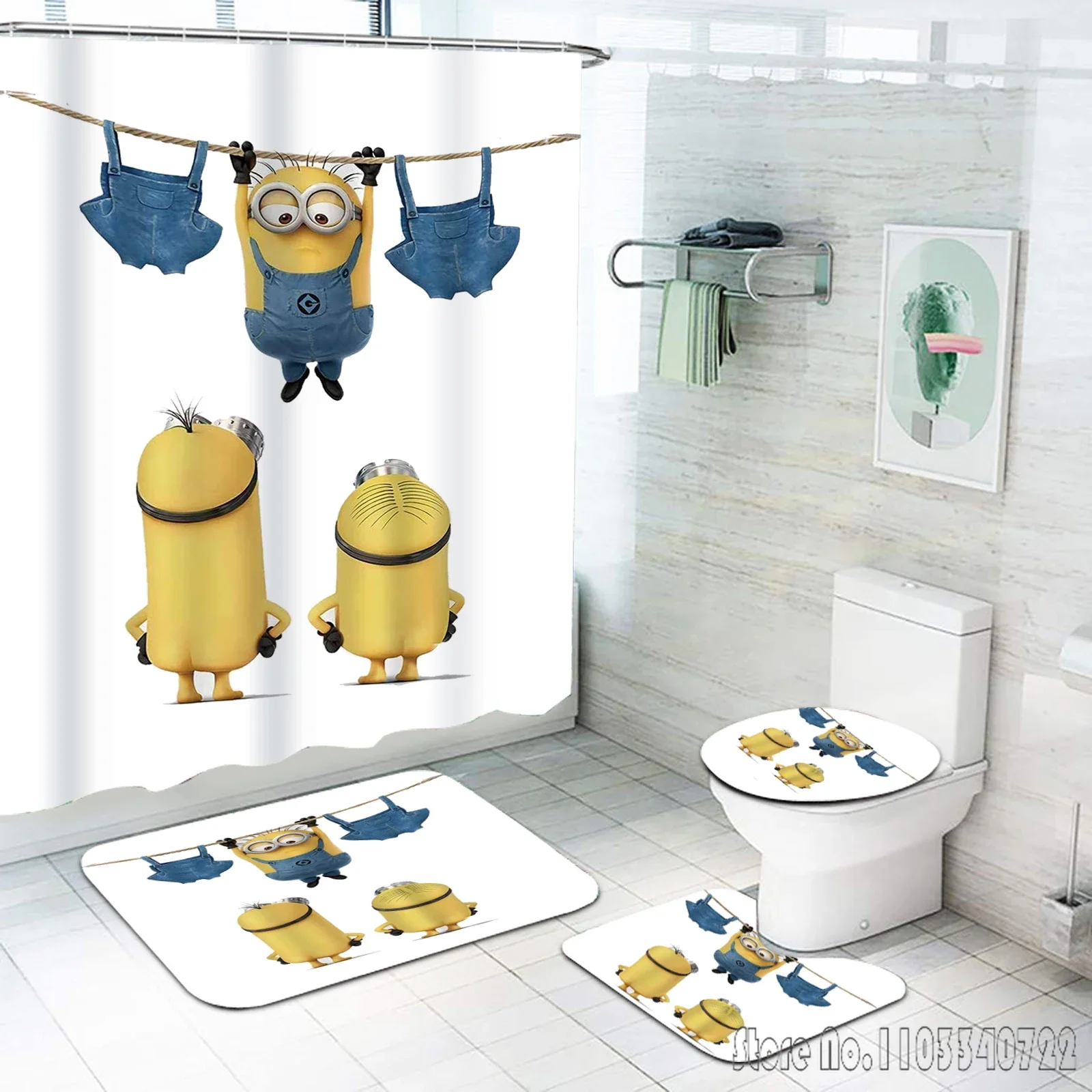 Фото Детский набор для ванной с аниме-персонажами M-Minions: шторка для душа (4 предмета) с крючками, водонепроницаемый коврик для туалета, декор для крышки унитаза №5