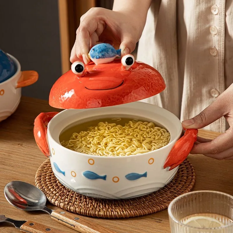 

Kawaii Crab Ramen Ceramic Bowl with Lid Glazed Cute Pufferfish Salad Fruit Instant Noodle Rice Soup Large Kitchen Bowl Tableware