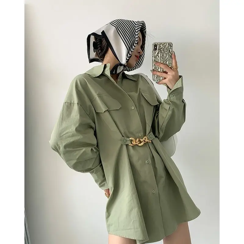 QWEEK  Female Blouse Korean Style Chic Woman Shirt Harajuku Green Top Oversized Long Sleeve Tunic streetwear Fashion alt clothes