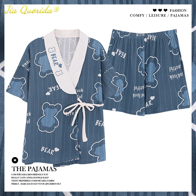 Новые летние мягкие хлопковые женские пижамы Kawaii с принтом медведя v-образный