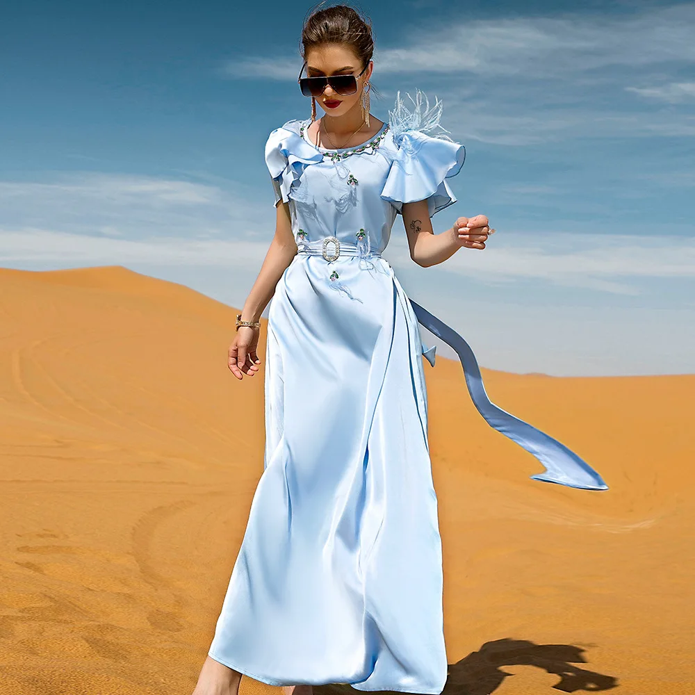 Summer Fashion Moroccan Kaftan Abaya Dubai Turkey Indian Arabe Hijab Muslim Long Evening Dress for Women Caftan Islamic Clothing