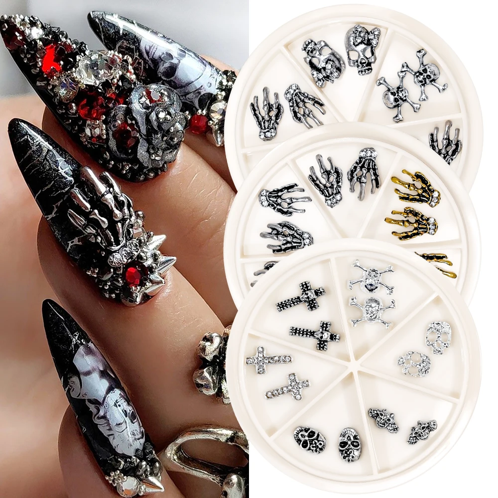 

12PCS/box Halloween Alloy Nail Art Decorations 3D Nail Art Charms Heart Skeleton Cross Design Gothic Punk Alloy Nails Accessorie