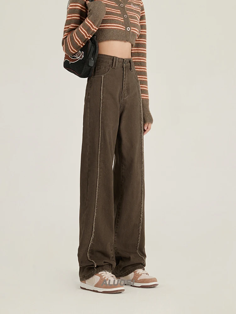 

Винтажные широкие брюки Y2K, уличная одежда, коричневые прямые джинсы, женские Мешковатые джинсовые брюки в Корейском стиле с высокой талией, женская одежда