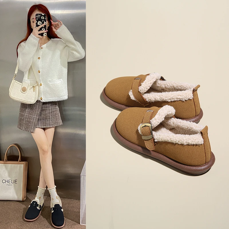 

Shoes Woman Flats Round Toe Casual Female Sneakers Slip-on Loafers Fur Dress Winter Retro Slip on New Lace-Up Rubber Flock Leisu