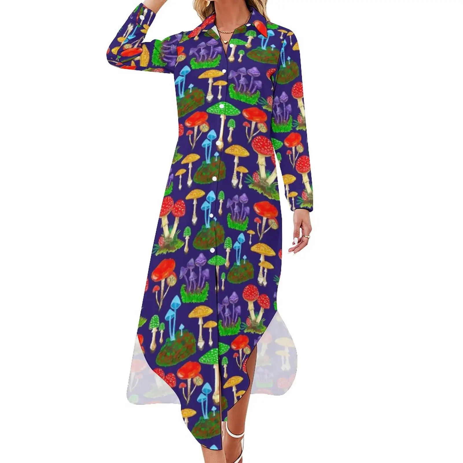 

Mushroom Foray Casual Dress Colorful Mushrooms Street Style Dresses Long Sleeve Retro Women V Neck Print Oversized Chiffon Dress