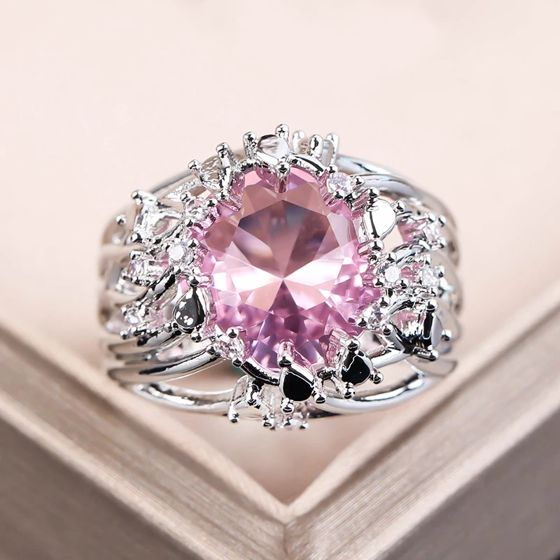 

Pink Stone Anniversary Ring Charm Silver Color White Crystal Wedding s for Women Jewelry Anillos Mujer Bague F5P008