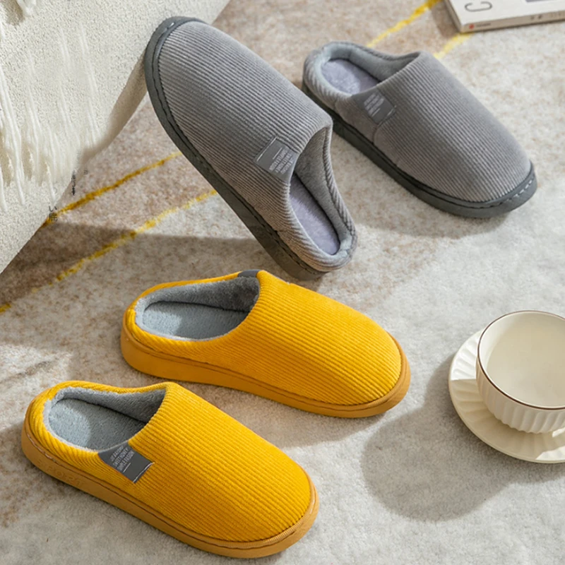 

Men Winter Warm Cotton Slippers Home Wear-Resistant Stripe Non-Slip Indoor Slides Couple Women Shoes Classic Men's Home Slippers