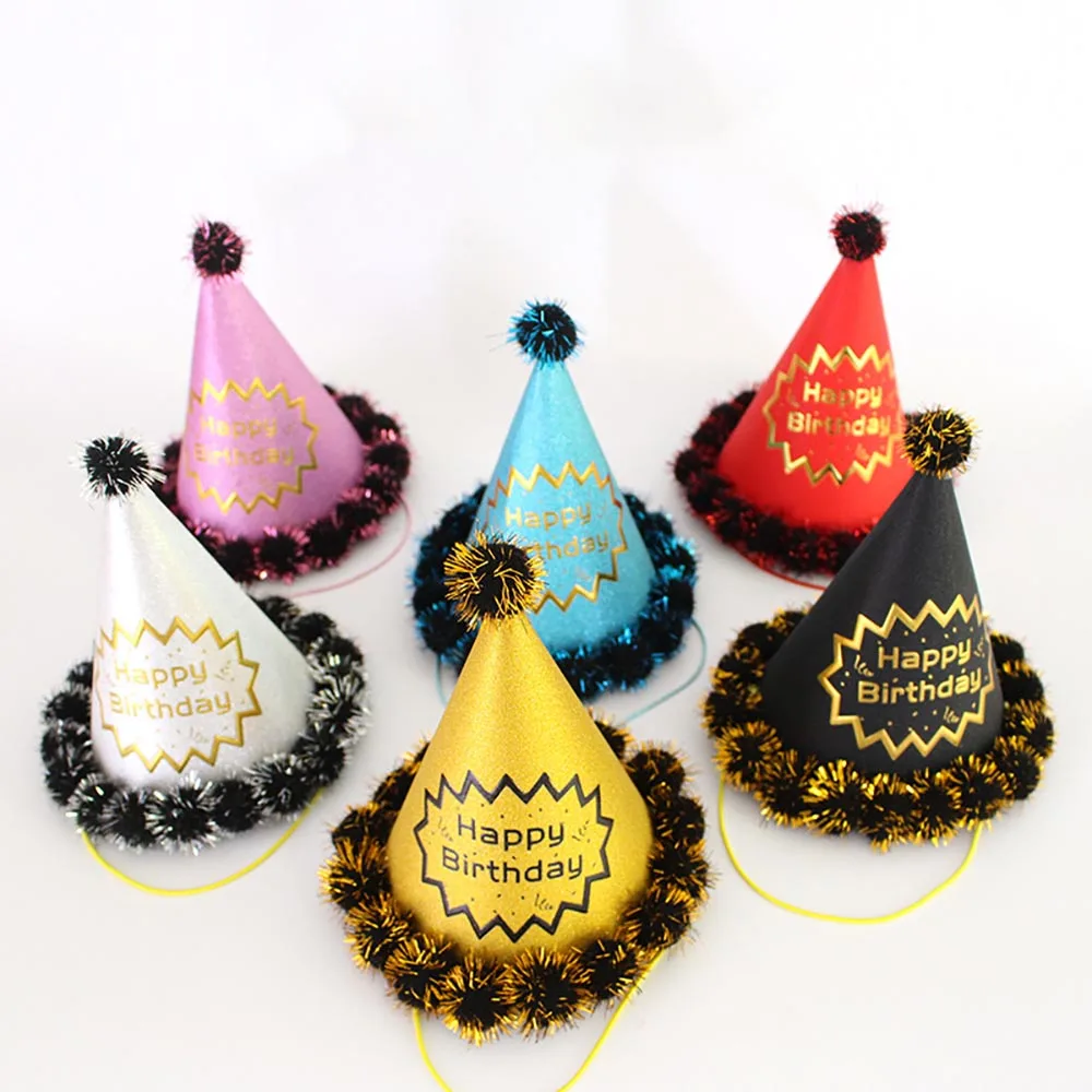 

Bronzing Birthday Hat With Letter Colorful Tassel Ball Paper Elastic Rope For Child Birthday Party Headdress Decoration Supplies