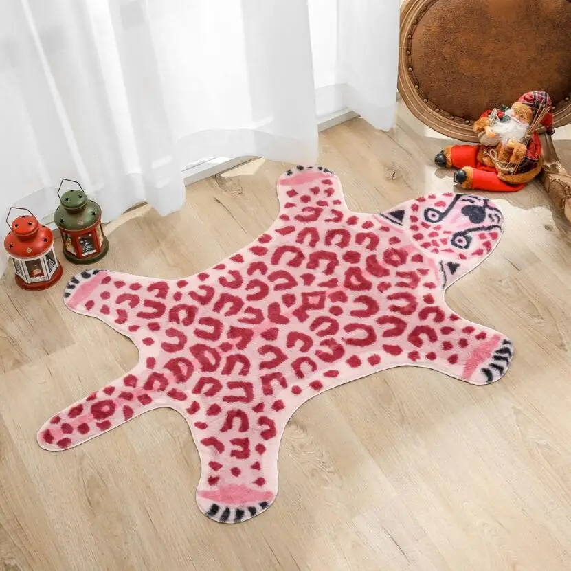 

Pink imitation leopard pattern Rug faux skin leather NonSlip Antiskid Mat washable Animal print Carpet for living room bedroom