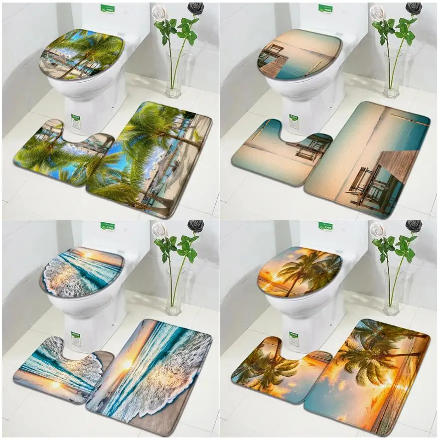 

Ocean Beach Bath Mats Sets Palm Trees Tropical Hawaii Nature Scenery kitchen Door Rug Bathroom Decor Non-slip Toilet Cover Mat