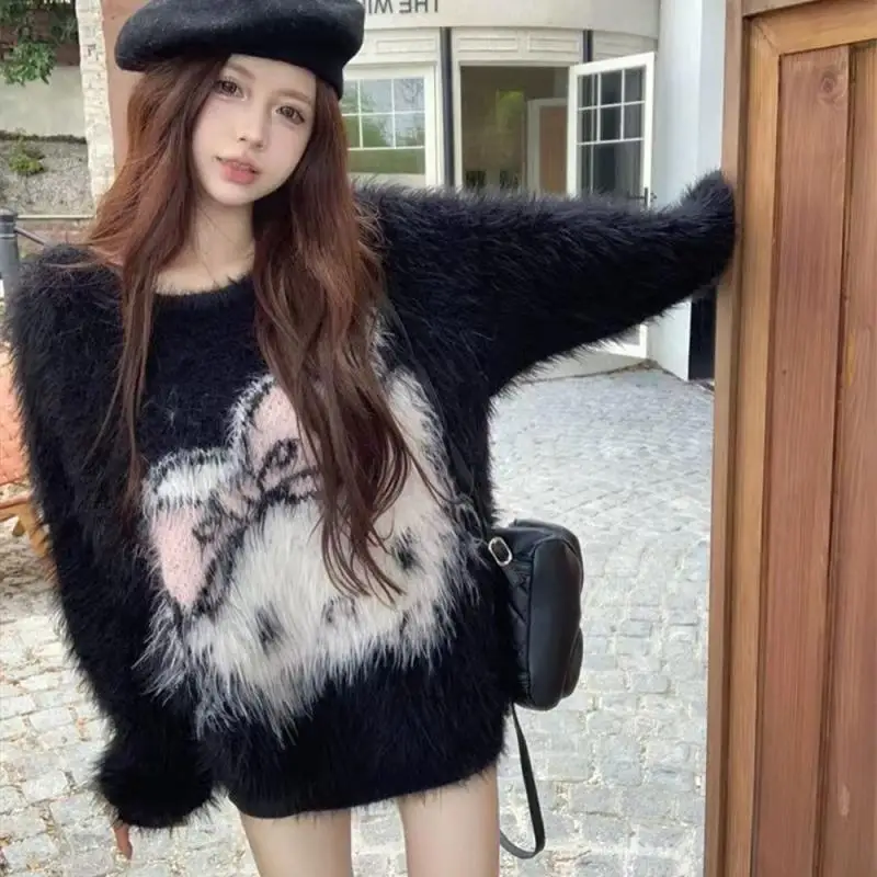 Kawaii свитер Hello Kitty Sanrioed с круглым вырезом Lazy Mujer 2024 осенний милый вязаный пуловер Y2K