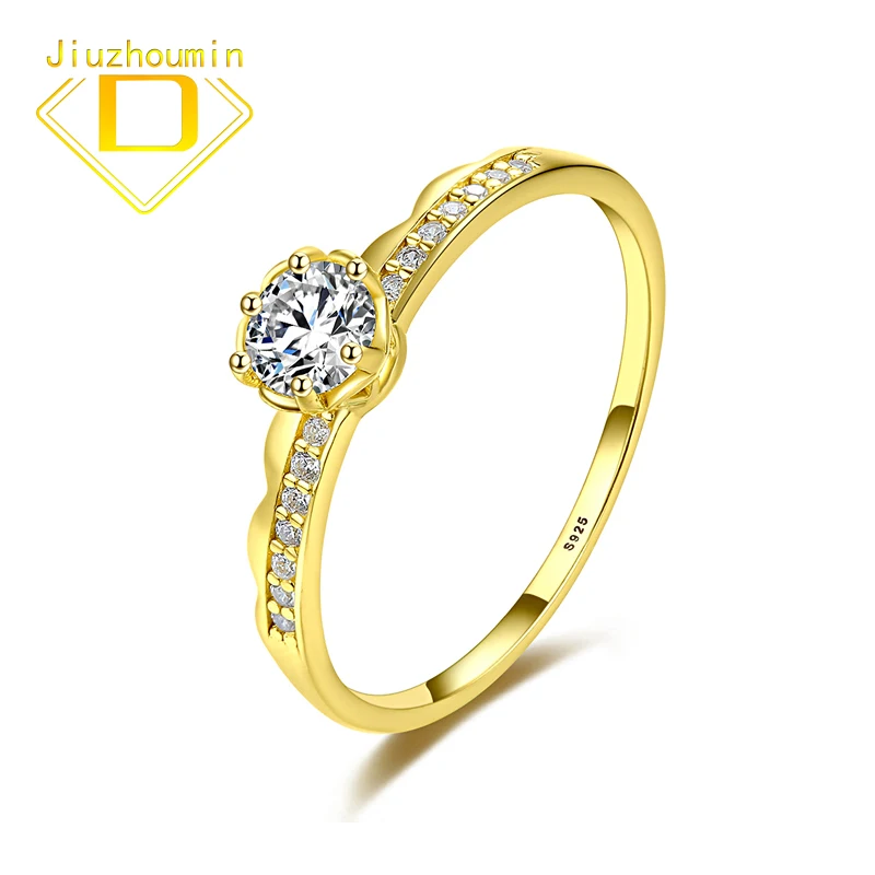 

Luxury Zircon Ring for Women Gold Plated Real 925 Sterling Silver Six Claw Engagement Wedding Ring Fine Jewelry Anniversary Gift